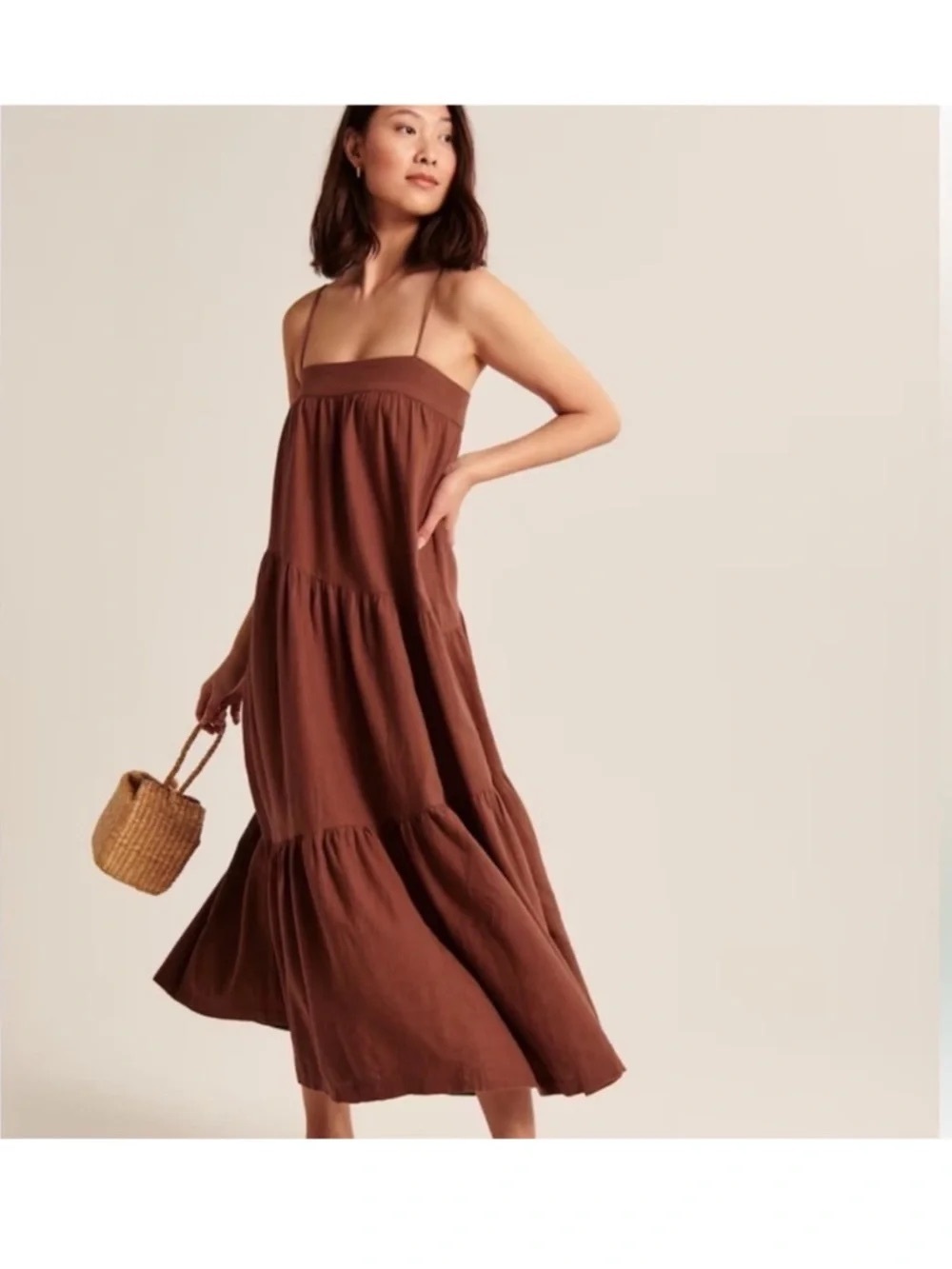 Abercrombie Linen Blend Asymmetrical Tiered Maxi Dress Brown Size XS Petite